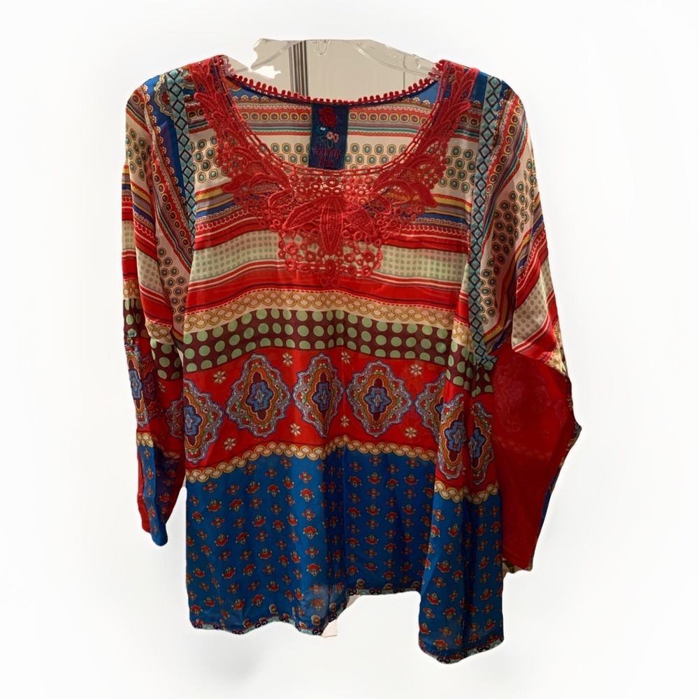 Johnny Was Red Blue Multi-Pattern Embroidered Tunic